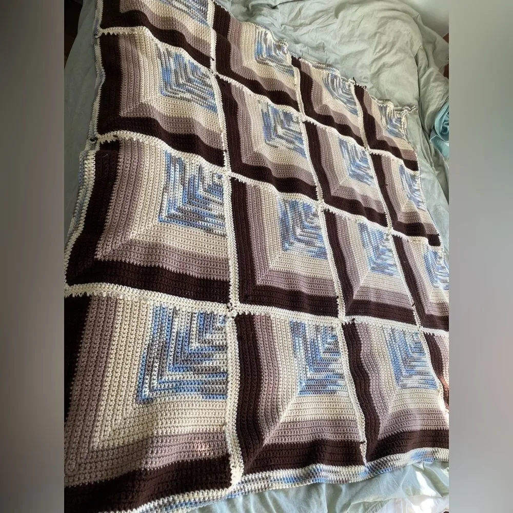 Vintage 1970s Knitted Geometric Bed Throw Blanket